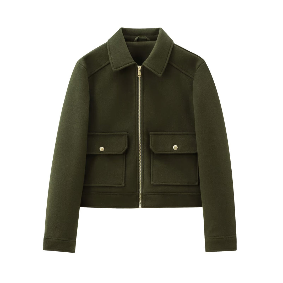 Damen Kurze Wollimitat-Fieldjacke mit durchgehendem Reißverschluss und vier aufgesetzten Pattentaschen Nord Taschen