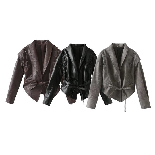 Damen Kurzjacke im Wildlederlook mit Schalkragen, Schnürdetails und Taillengürtel Nord Taschen