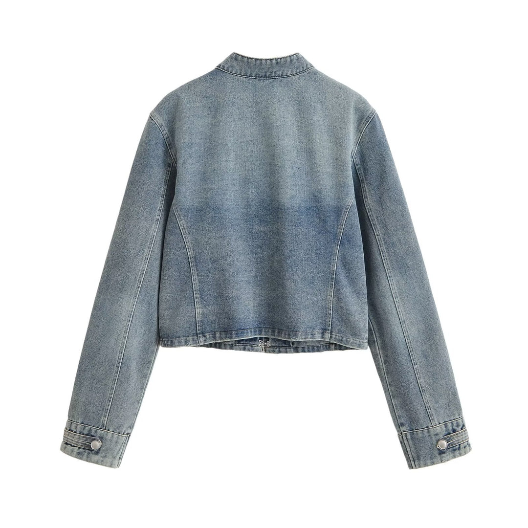 Damen Jeansjacke im Military-Stil mit Stehkragen und dekorativen Zierknopfleisten Nord Taschen