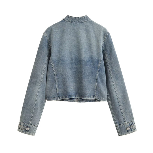 Damen Jeansjacke im Military-Stil mit Stehkragen und dekorativen Zierknopfleisten Nord Taschen