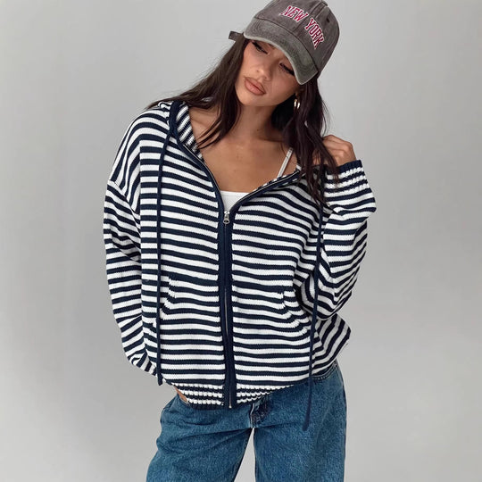 Damen Cardigan im gestreiften Design mit hochwertigem Reißverschluss und lässigem Schnitt Nord Taschen