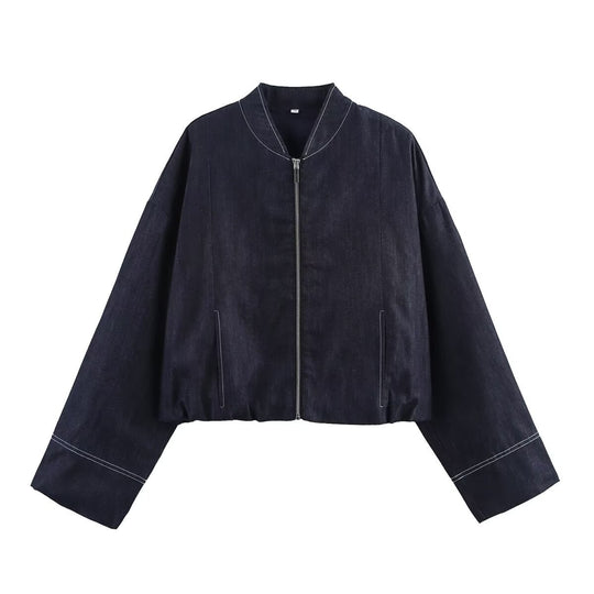 Damen Cropped Denim-Bomberjacke mit überschnittenen Ärmeln und Kontrastnaht Nord Taschen