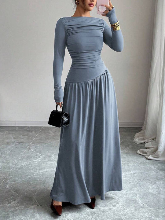 Damen Maxikleid mit gerafftem Oberteil, tailliertem Bund und Langarm Nord Taschen