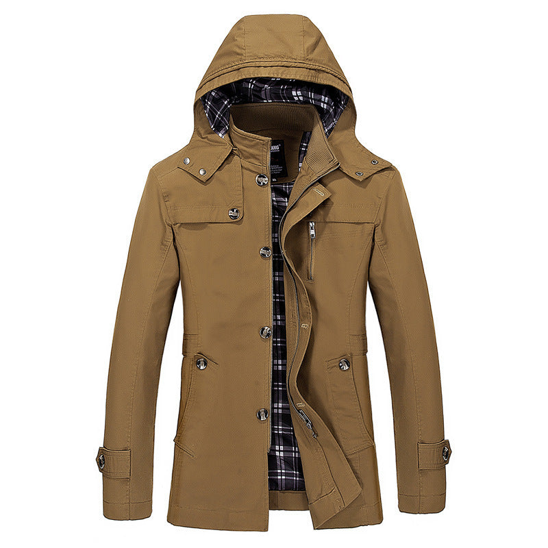 Herren mittellanger Kapuzenparka mit kariertem Innenfutter und verdeckter Zip‑Knopfleiste Nord Taschen