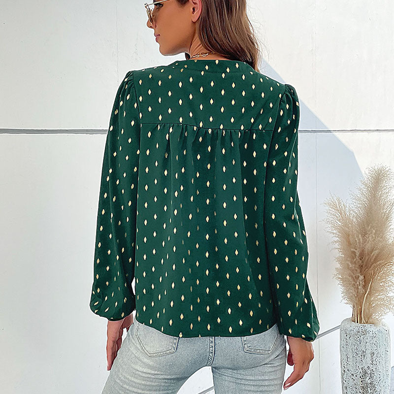 Damen Leichte Viskosebluse mit zartem Ikat‑Print, Stehkragen und dekorativer Knopfleiste Nord Taschen