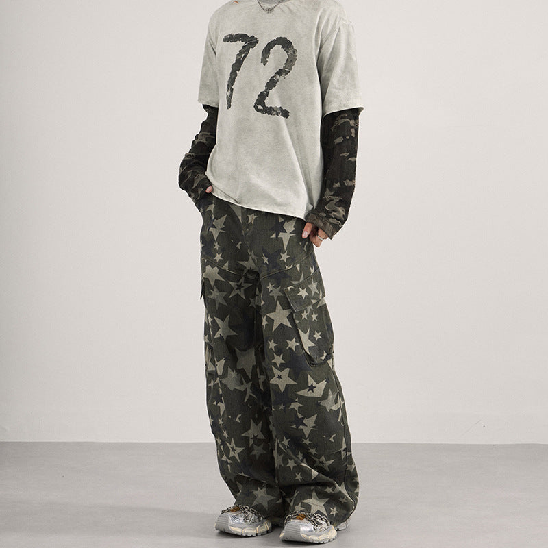 Herren weite Cargo-Palazzo-Hose mit allover Sternen-Print und Utility-Taschen Nord Taschen