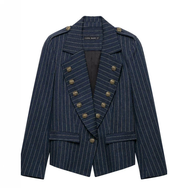 Damen Doppelreihiger Nadelstreifen‑Blazer im Military‑Look mit Zierknöpfen und Schulterklappen Nord Taschen