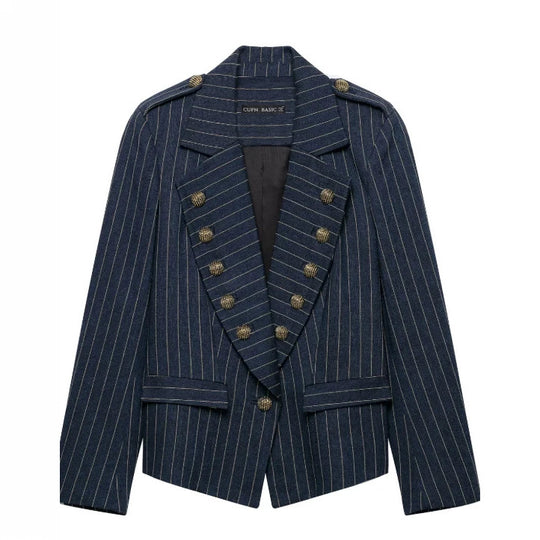 Damen Doppelreihiger Nadelstreifen‑Blazer im Military‑Look mit Zierknöpfen und Schulterklappen Nord Taschen