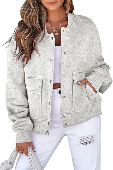 Damen lässige Oversize-Bomberjacke aus Sweatstoff mit Druckknopfleiste und aufgesetzten Taschen Nord Taschen