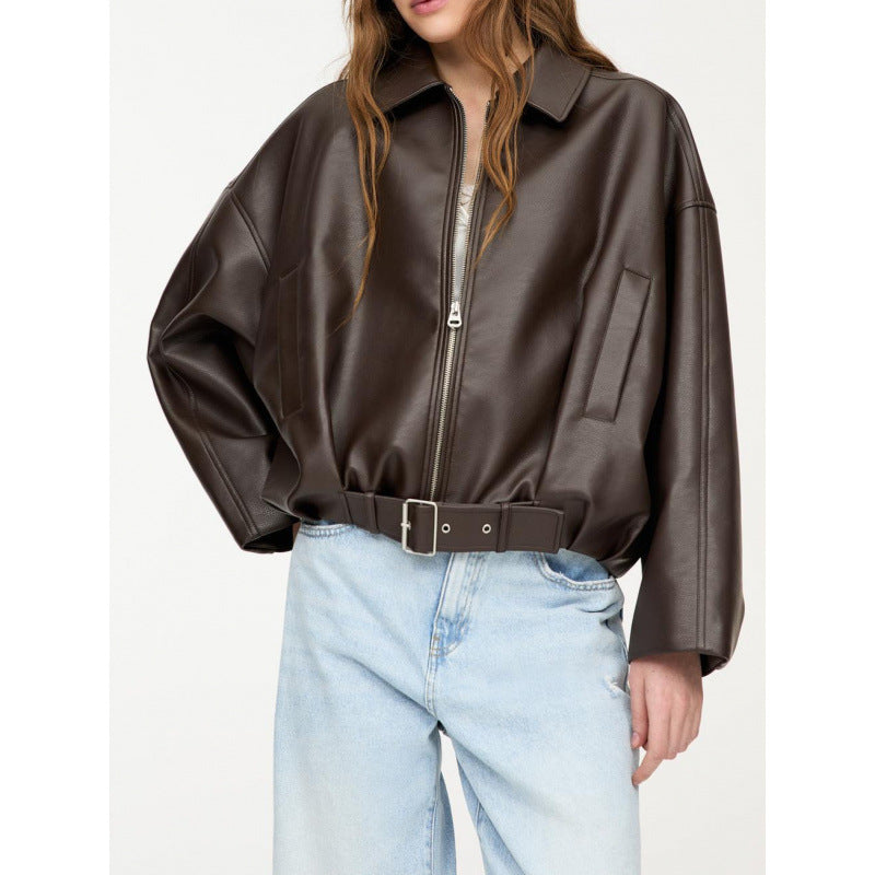 Damen Oversized Lederimitat-Blouson mit Taillengürtel Nord Taschen