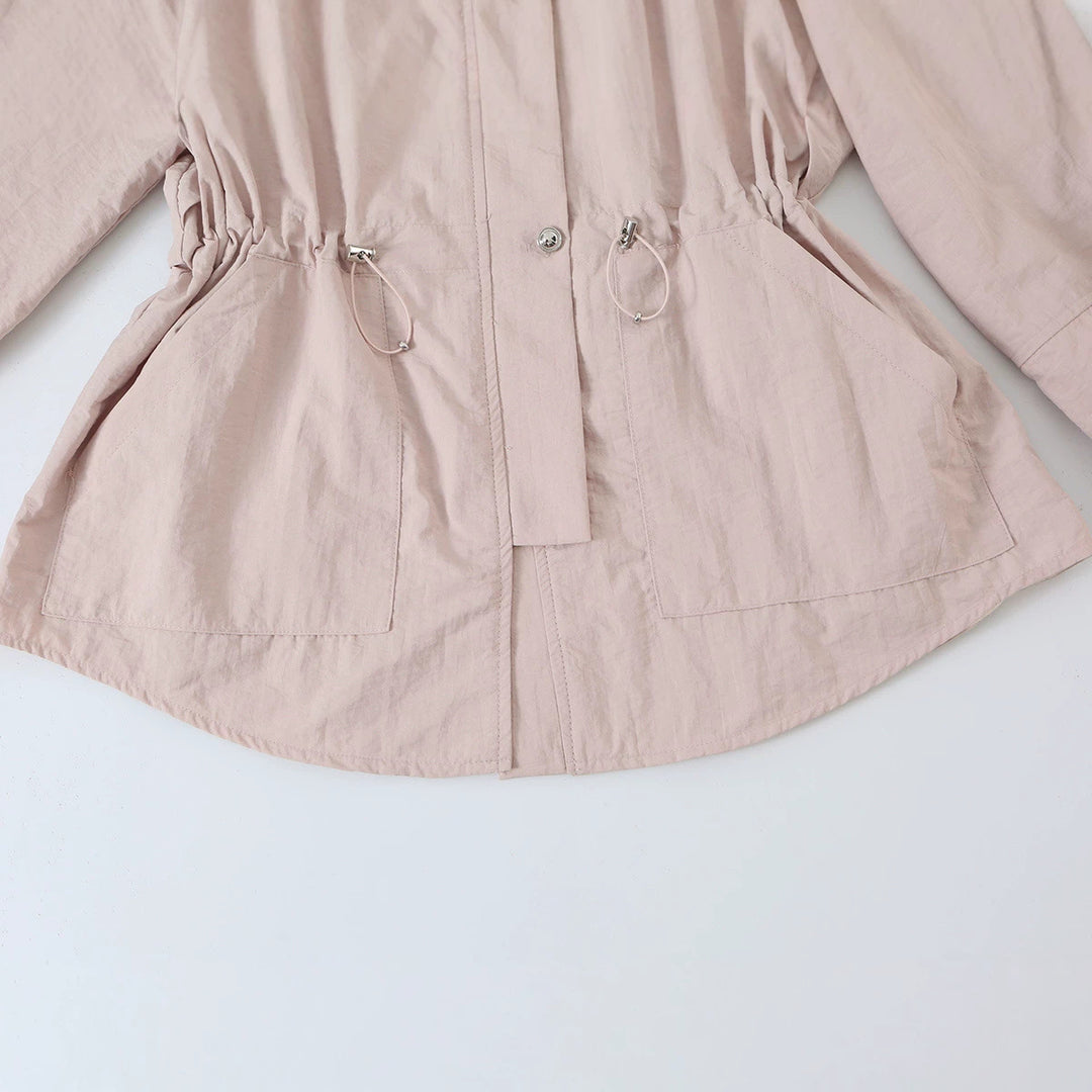 Damen Leichte Taillierte Übergangsjacke mit Tunnelzug, Stehkragen und Ballonärmeln Nord Taschen