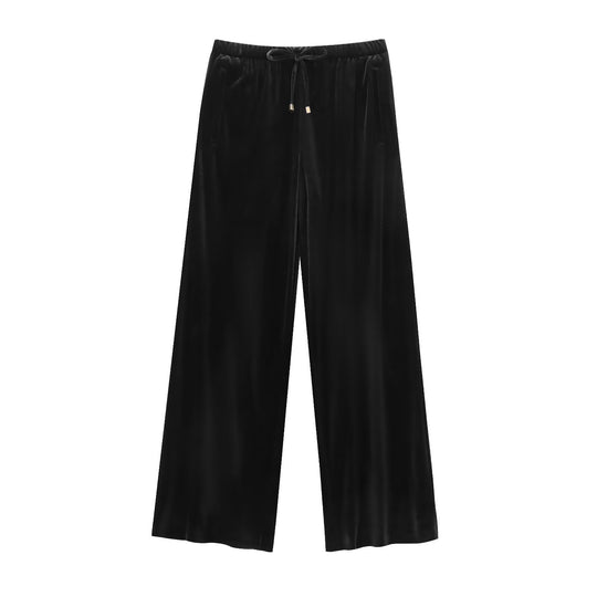 Damen Weite Samt-Palazzohose mit elastischem Tunnelzugbund und Eingrifftaschen Nord Taschen