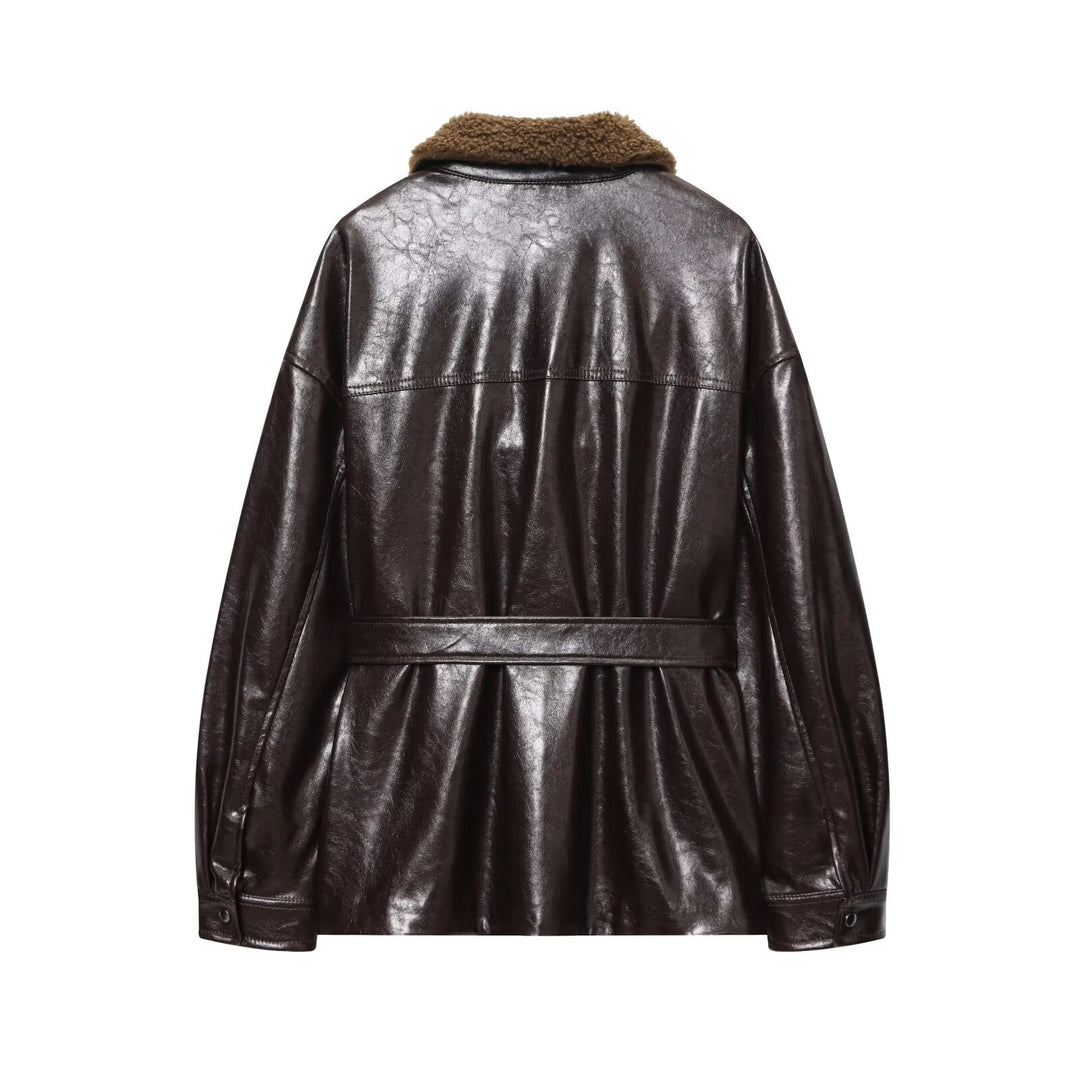 Damen Oversized Lederimitat-Jacke mit Teddykragen und Taillengürtel Nord Taschen