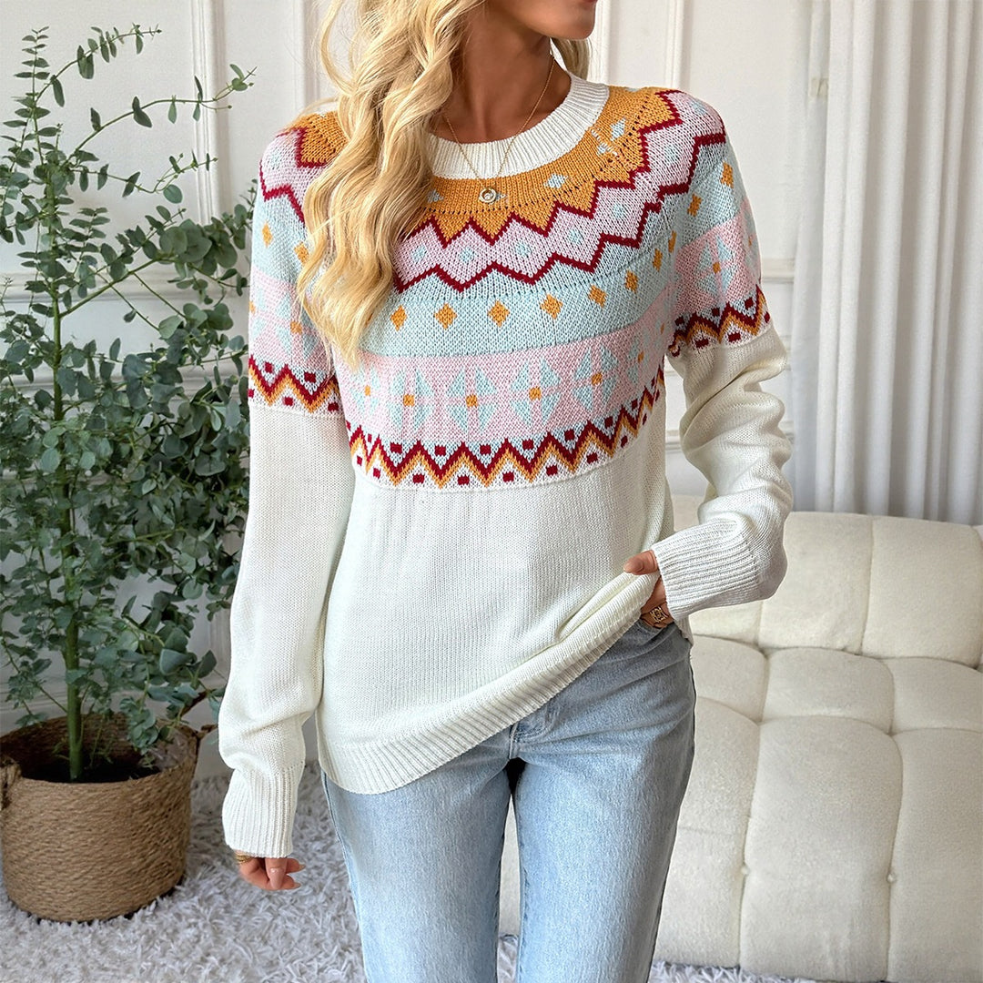 Damen Fair‑Isle Strickpullover mit Rundhals, Langarm & Relaxed‑Fit Nord Taschen