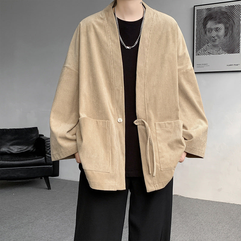 Herren oversized Cord-Kimono-Cardigan mit Kordelzug, aufgesetzten Taschen und Tropfenärmeln Nord Taschen