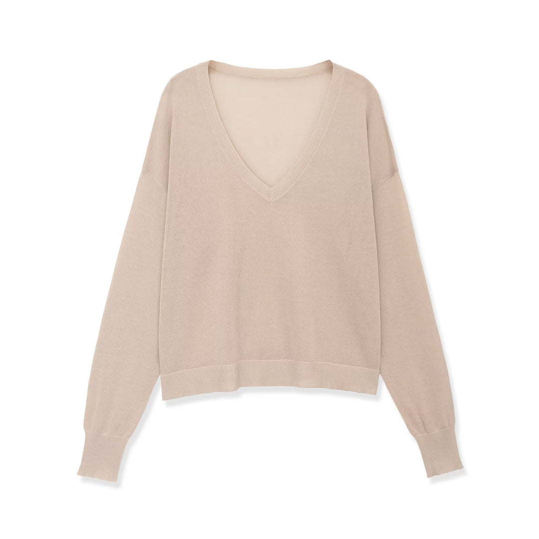 Damen Oversize-Feinstrickpullover mit tiefem V-Ausschnitt und gerippten Bündchen Nord Taschen