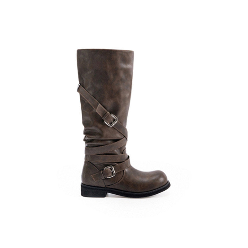 Damen Kniehohe Biker-Stiefel in Leder-Optik mit verstellbaren Schnallen Nord Taschen