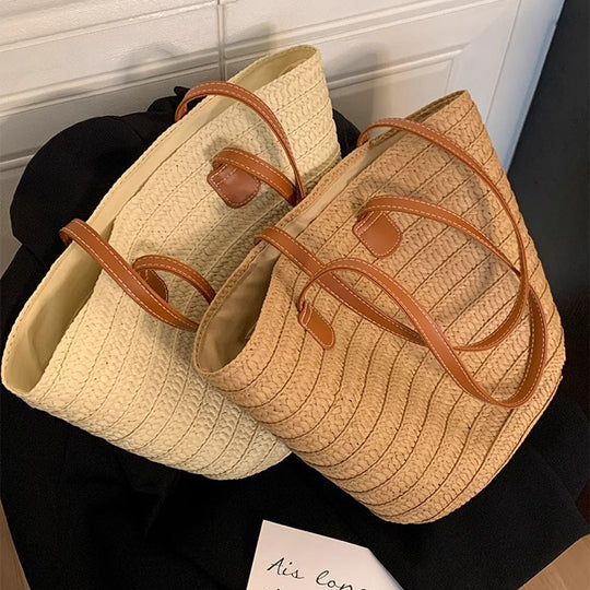 Damen geflochtene Strandtasche mit eleganten Ledergriffen und geräumigem Innenraum Nord Taschen