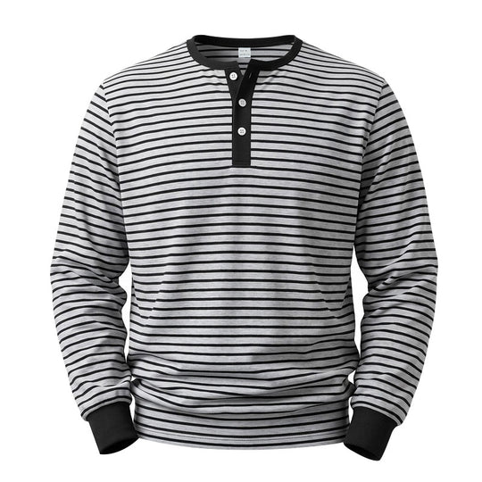 Herren Langarm-Henleyshirt aus Baumwoll-Mix mit feinen Streifen und Knopfleiste Nord Taschen