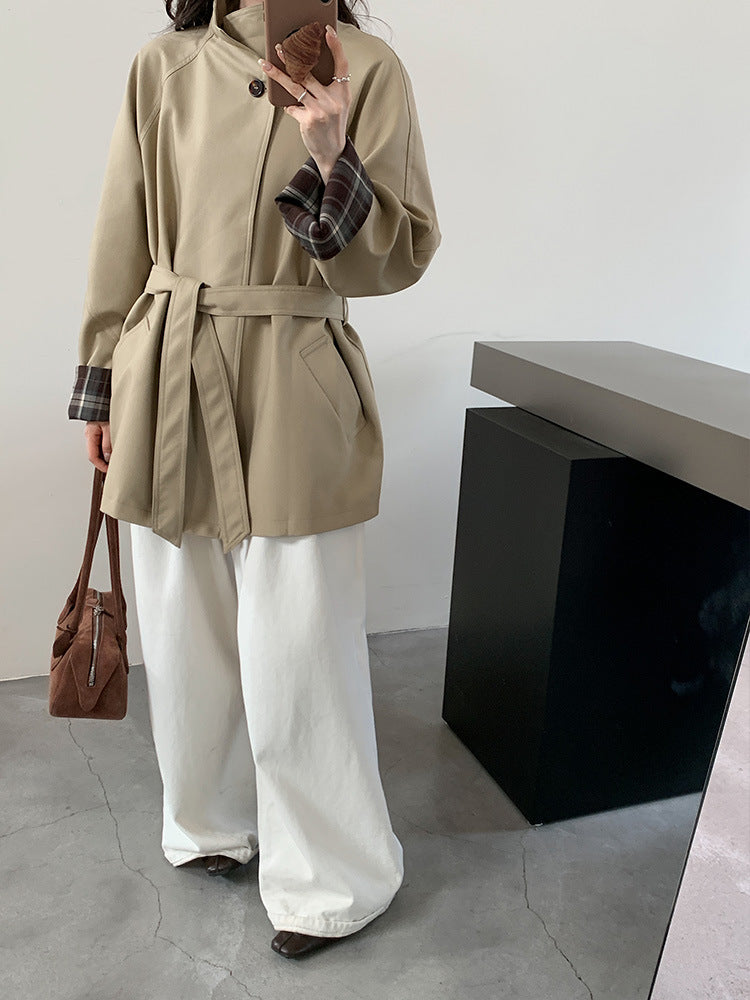Damen Kurzjacke im Parka‑Stil mit Taillengürtel und kariertem Ärmelfutter Nord Taschen