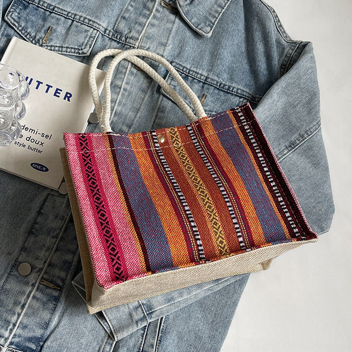 Damen Jute-Tragetasche mit buntem Muster und stabilen Baumwollgriffen Nord Taschen