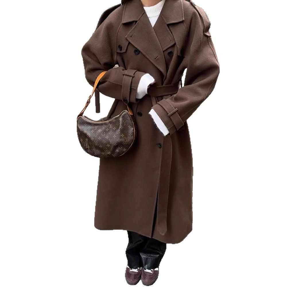Damen Langer Wollmix-Mantel mit breitem Revers, Epauletten und verstellbaren Ärmelriegeln Nord Taschen