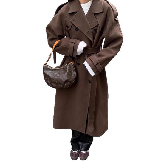 Damen Langer Wollmix-Mantel mit breitem Revers, Epauletten und verstellbaren Ärmelriegeln Nord Taschen