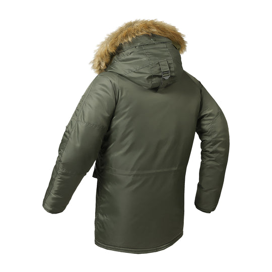 Herren langer thermoisolierter Parka mit Kunstfellkapuze und Utility‑Taschen Nord Taschen