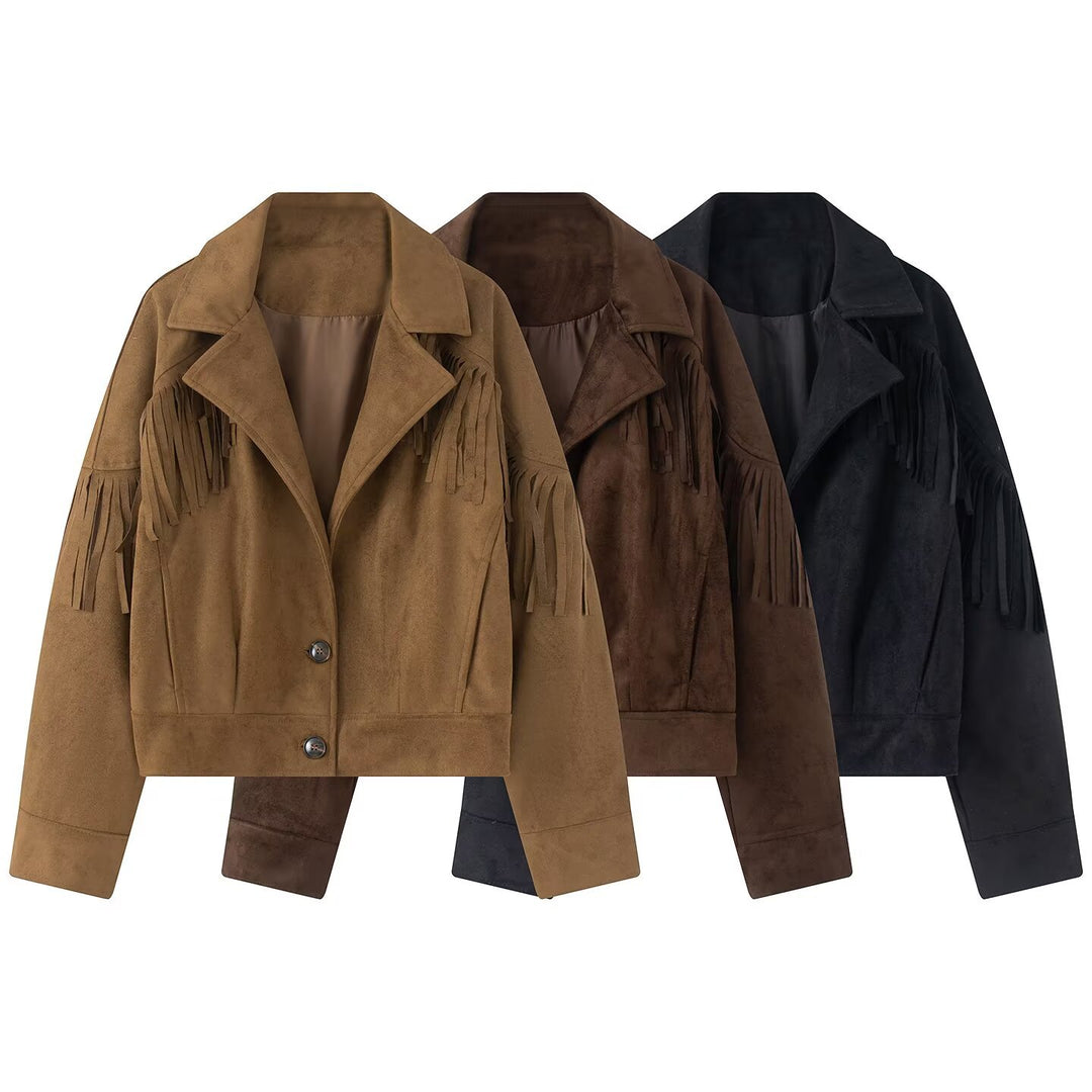 Damen Kurzjacke im Wildleder‑Look mit Fransenbesatz und Hemdkragen Nord Taschen