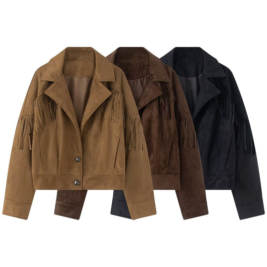 Damen Kurzjacke im Wildleder‑Look mit Fransenbesatz und Hemdkragen Nord Taschen