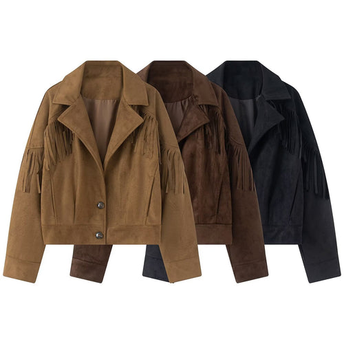 Damen Kurzjacke im Wildleder‑Look mit Fransenbesatz und Hemdkragen Nord Taschen