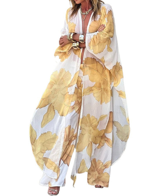 Damen Langarm-Kimono mit floralen Mustern und fließendem Stoff Nord Taschen