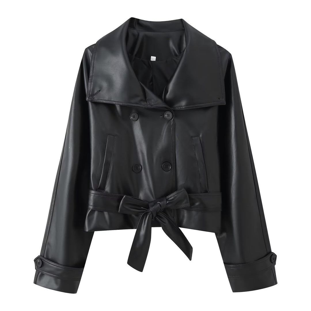 Damen 100+ Cropped Kunstleder-Trenchblouson mit doppelreihiger Knopfleiste und Taillengürtel Nord Taschen