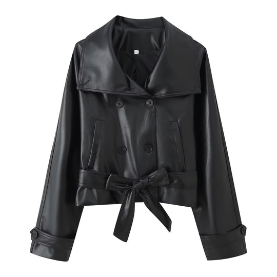 Damen 100+ Cropped Kunstleder-Trenchblouson mit doppelreihiger Knopfleiste und Taillengürtel Nord Taschen