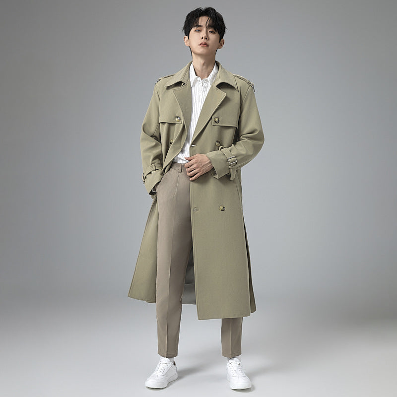 Herren Moderner Maxilanger Doppelreihiger Trenchcoat mit klassischem Revers und verstellbaren Manschetten Nord Taschen