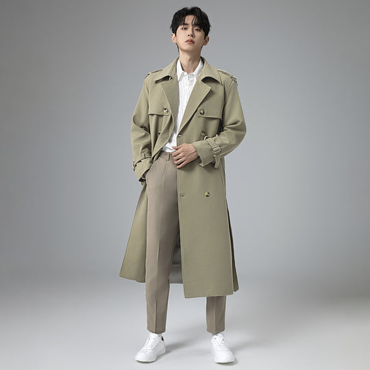 Herren Moderner Maxilanger Doppelreihiger Trenchcoat mit klassischem Revers und verstellbaren Manschetten Nord Taschen