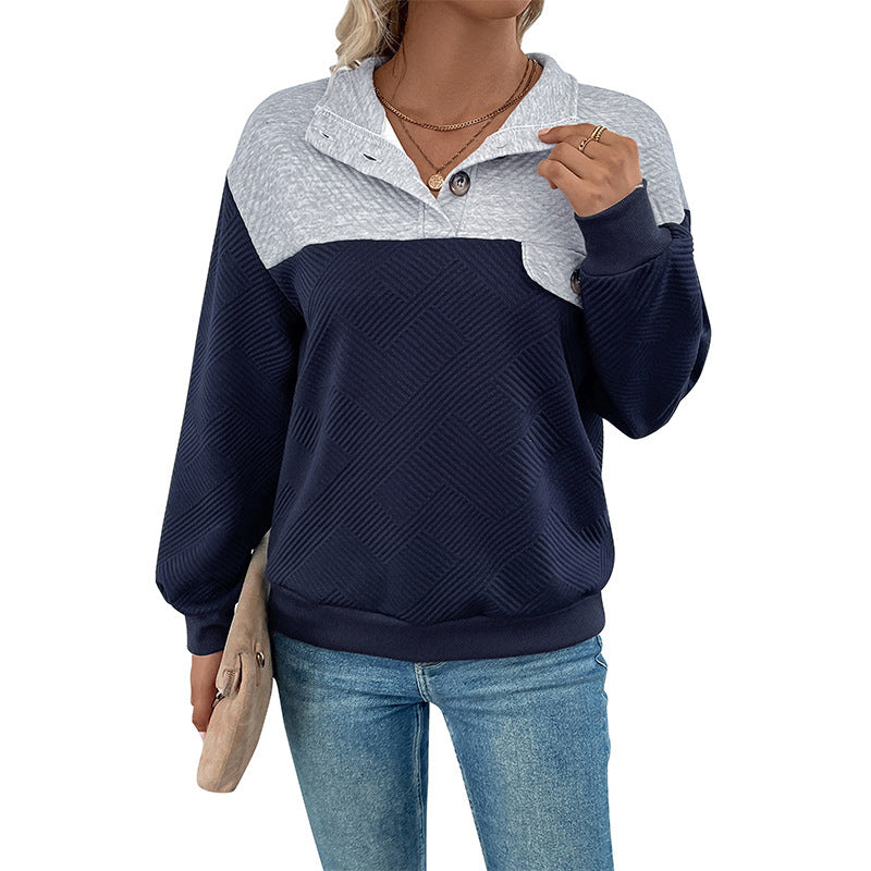 Damen Texturierter Colorblock-Sweatshirtpullover mit Hemdkragen, Knopfdetail und Strukturstrick Nord Taschen