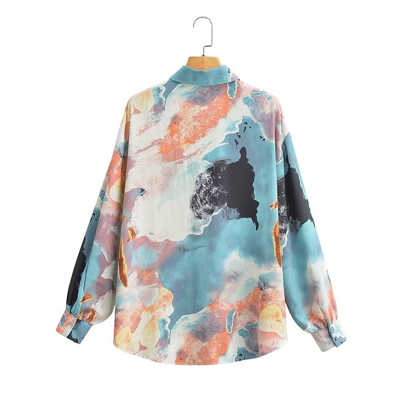 Damen Seidenoptik-Hemdbluse mit abstraktem Print und Oversize-Schnitt Nord Taschen