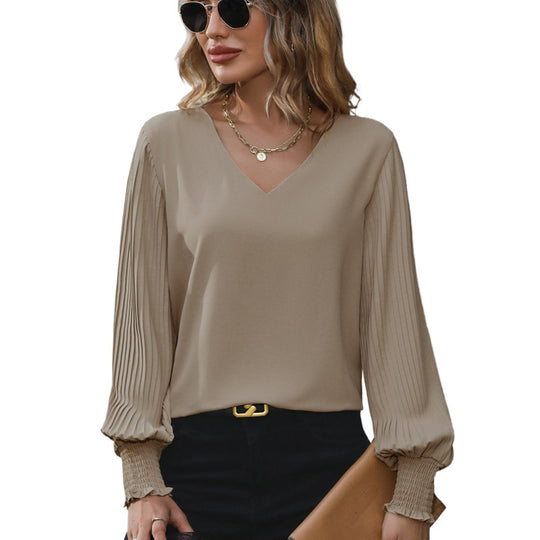 Damen V-Ausschnitt-Bluse mit plissierten Ballonärmeln und Smokbündchen Nord Taschen