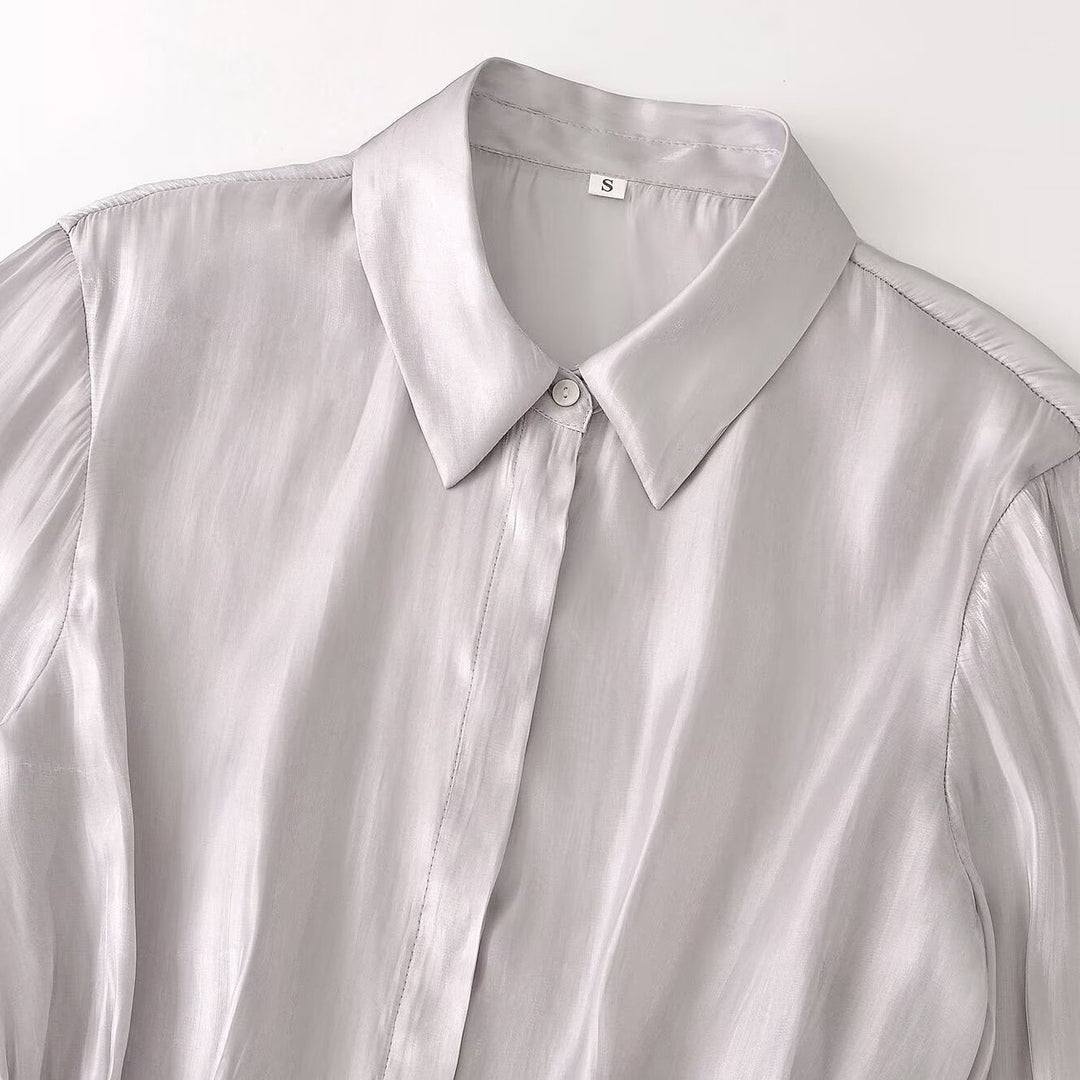 Damen Seidenmatt taillierte Hemdbluse mit Kordelzug und verdeckter Knopfleiste Nord Taschen