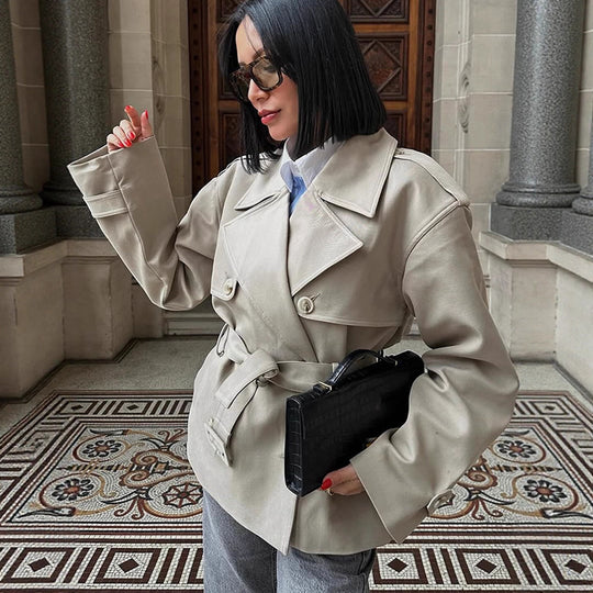 Damen Kurzjacke im Trench-Stil mit taillierendem Bindegürtel und weitem Ärmel Nord Taschen