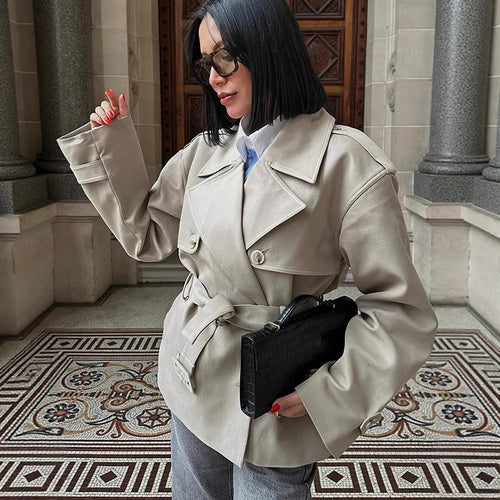 Damen Kurzjacke im Trench-Stil mit taillierendem Bindegürtel und weitem Ärmel Nord Taschen