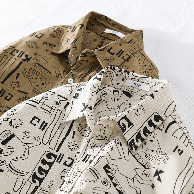 Herren Leichtes Baumwoll-Overshirt mit künstlerischem Linien-Print und doppelter Brusttasche Nord Taschen