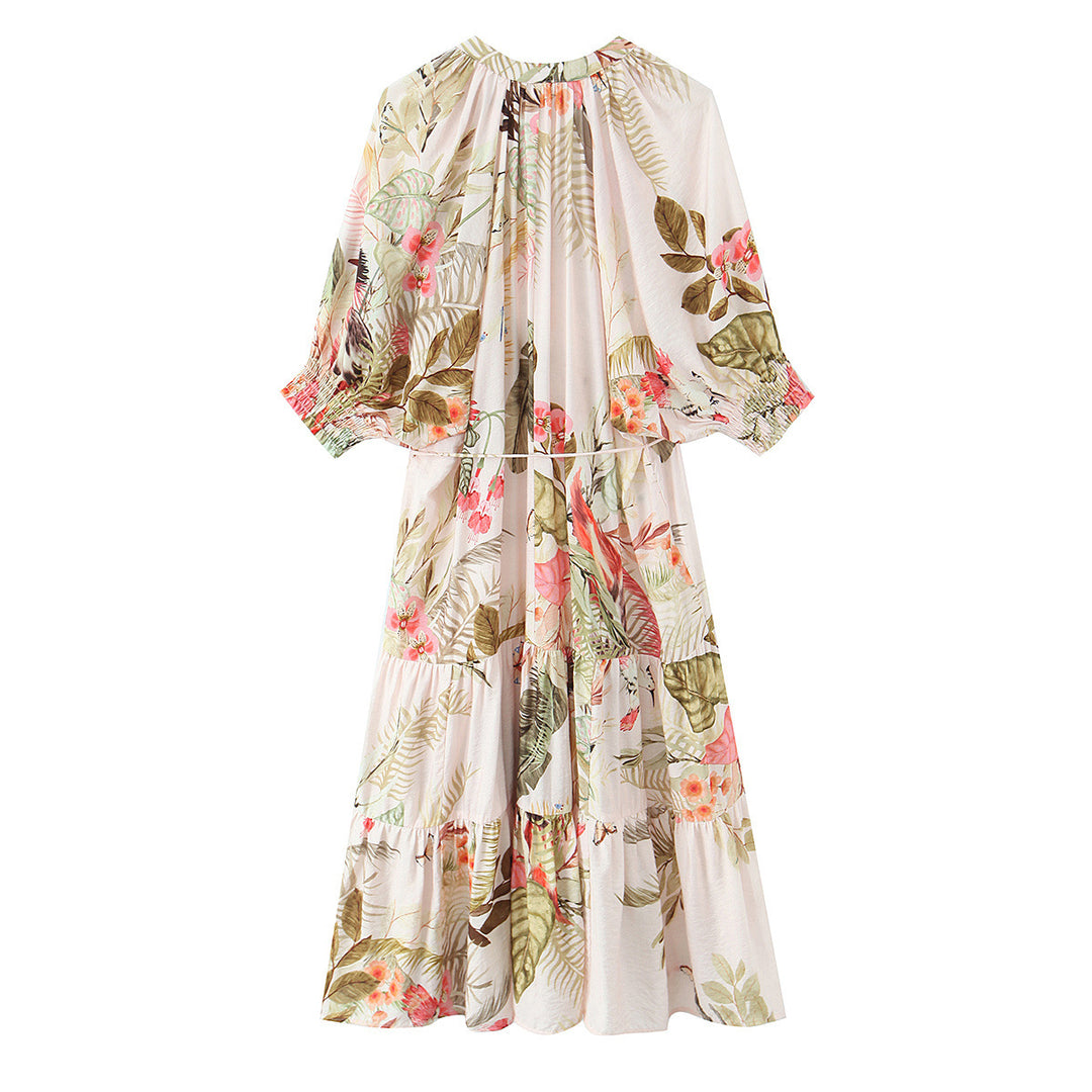 Damen Langes Boho-Maxikleid mit Knopfleiste, Bindegürtel und Stufenrock Nord Taschen