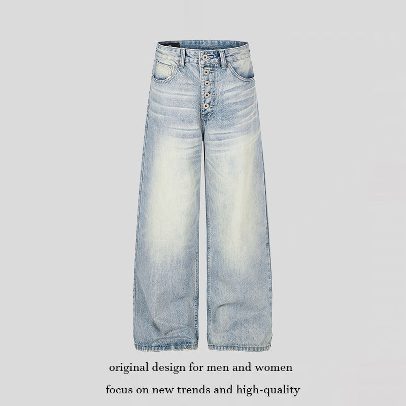 Damen High‑Waist weite Denim‑Palazzo‑Jeans mit Knopfleiste und Used‑Waschung Nord Taschen