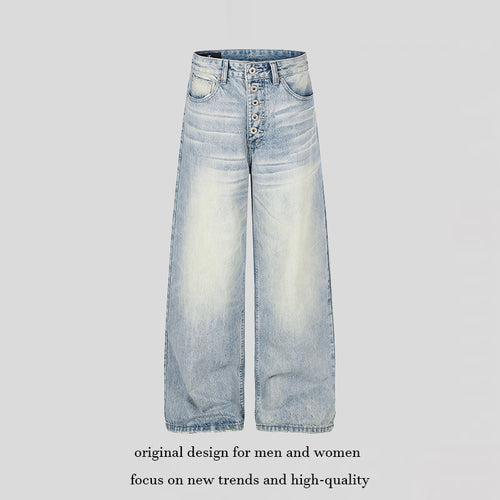 Damen High‑Waist weite Denim‑Palazzo‑Jeans mit Knopfleiste und Used‑Waschung Nord Taschen
