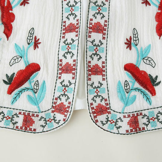 Damen Bestickte ärmellose Boho-Weste mit offenem Schnitt und floraler Stickerei Nord Taschen