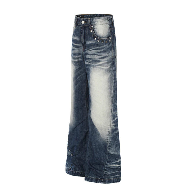 Damen Hochtaillierte weite Schlagjeans mit Used‑Waschung und Nietenbesatz Nord Taschen