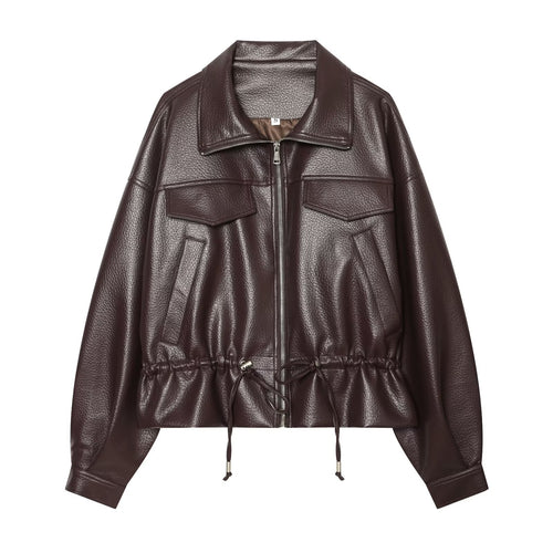 Damen Kurzblouson aus geprägtem Kunstleder mit Tunnelzug‑Taillierung und Pattentaschen Nord Taschen
