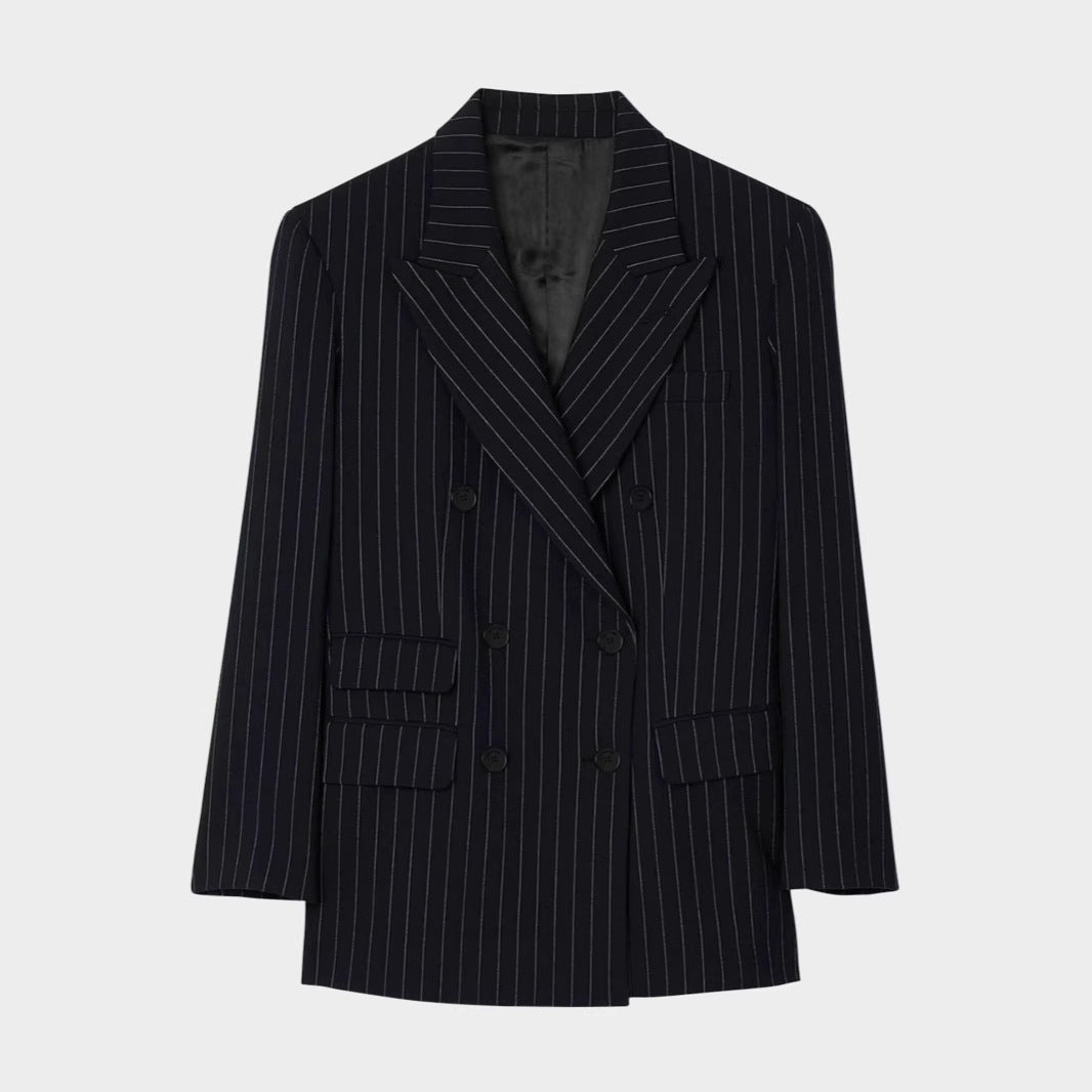 Damen Zweireihiger Nadelstreifen-Hosenanzug mit Oversize-Blazer und weitem Bundfaltenhose Nord Taschen